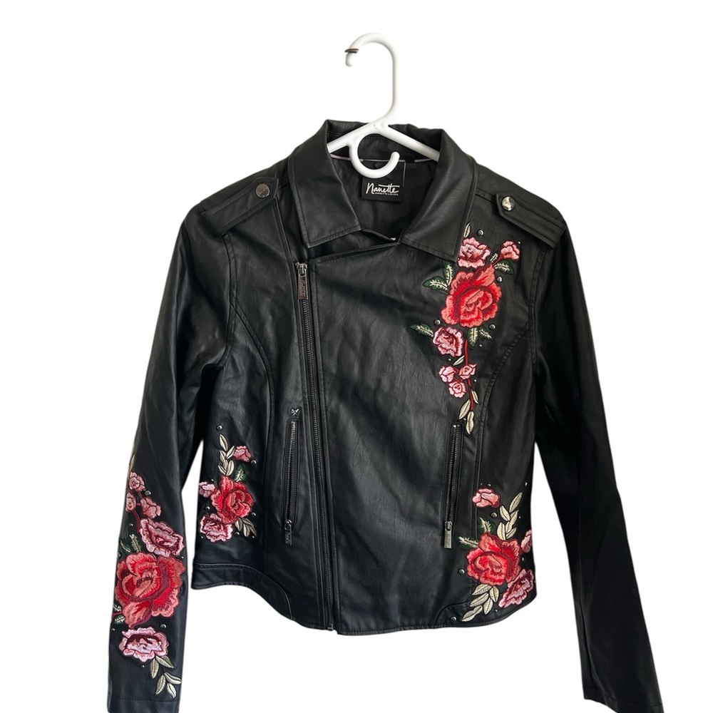 Nanette Lepore Black Leather Jacket with Pink Floral Design